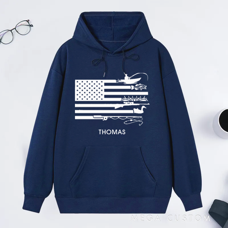 Personalized Fishing Hoodie American Flag Hunting and Fishing Sweatshirt Custom Name  Ideal for Anglers and Outdoor Enthusiasts