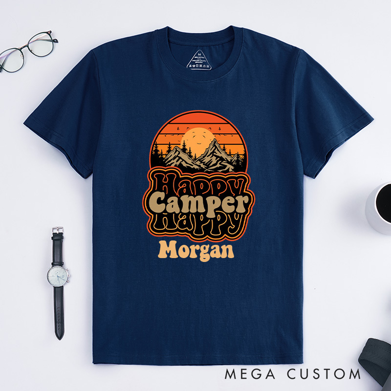 Personalized Happy Camper Retro Mountain SunseT-Shirt Camping Adventure Shirt for Nature Travelers Outdoors Lover Gift