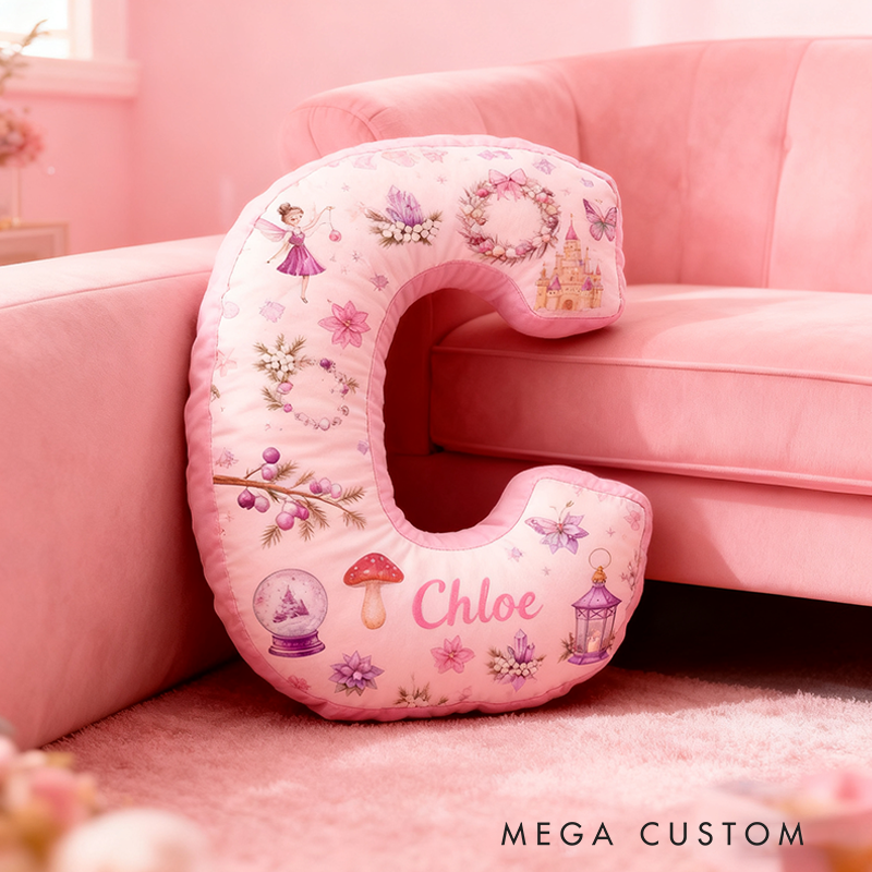 Personalized 26 Letters Pillow with Castles Butterflies Flowers Snow Globes Lanterns and Whimsical Pastel Fairy Tale Design Graphic 3D Print Pillow