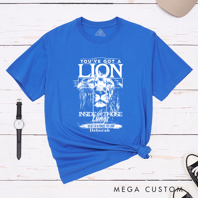 Personalized Lion Imagery Cotton Bible Verse Classic T-Shirt with Custom Name Christians Gift Birthday Gift Christian Apparel Gift for Jesus Lover 