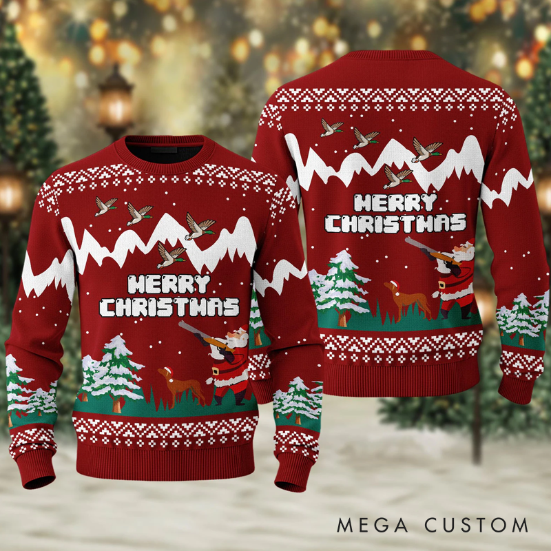 Personalized Duck Hunting Merry Christmas Ugly Sweater Hunting Xmas Sweater Christmas Gift for Men Dad Husband Hunter