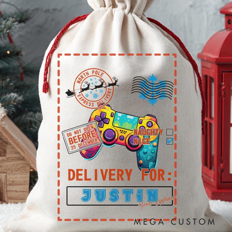 Personalized Gaming Bag Canvas Gift Bags Custom Santa Sack Christmas Eve Santa Delivery Drawstring Bag for Kids Christmas Gifts Game Lover