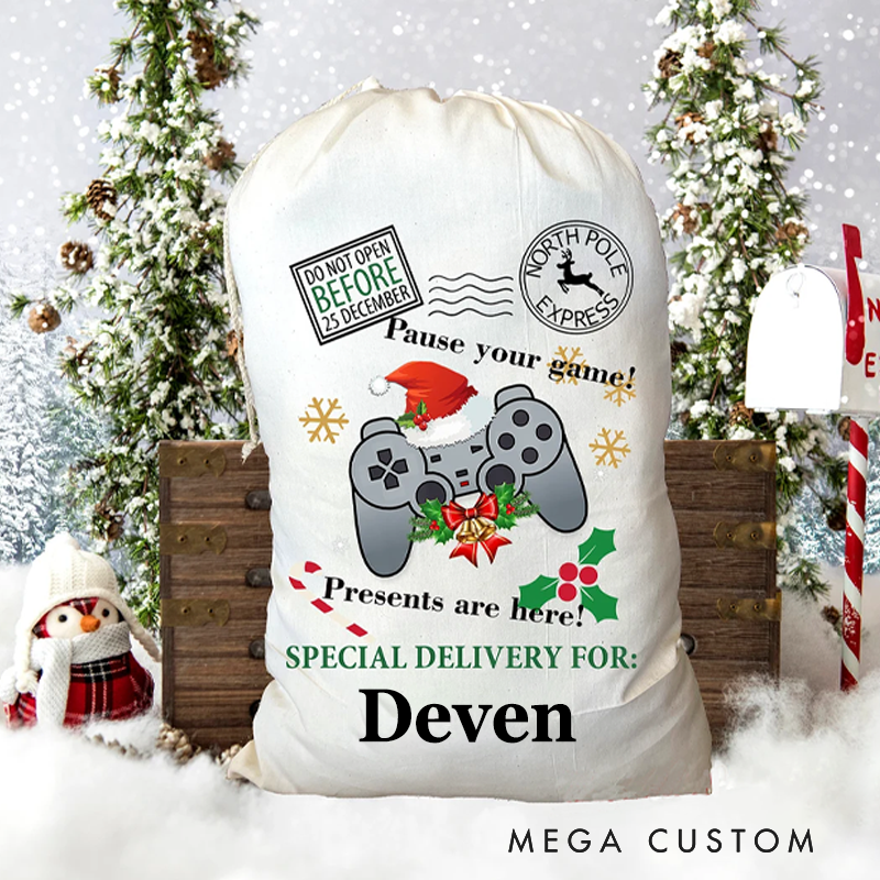 Personalized Christmas Santa Sack Kid Family Children Bag Toys Gamer Pause Your Game Christmas Gifts Game Lover