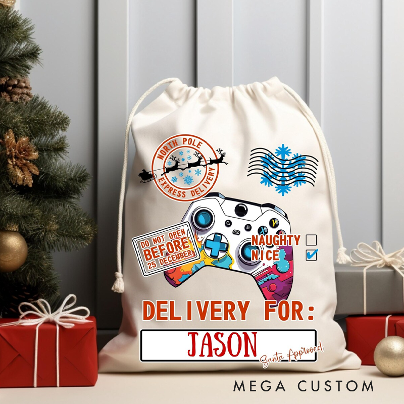 Personalized Gamer Christmas Sack Custom Name Santa Gift Bag North Pole Delivery Video Game Controller Santa Sack for Kids & Teens