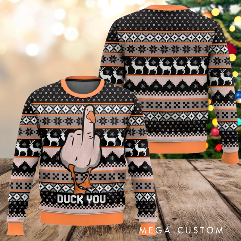 Personalized Duck You Ugly Christmas Sweater Funny Goose Middle Finger Holiday Ugly Christmas Sweater Sarcastic Ugly Sweater Xmas Gift for Geek