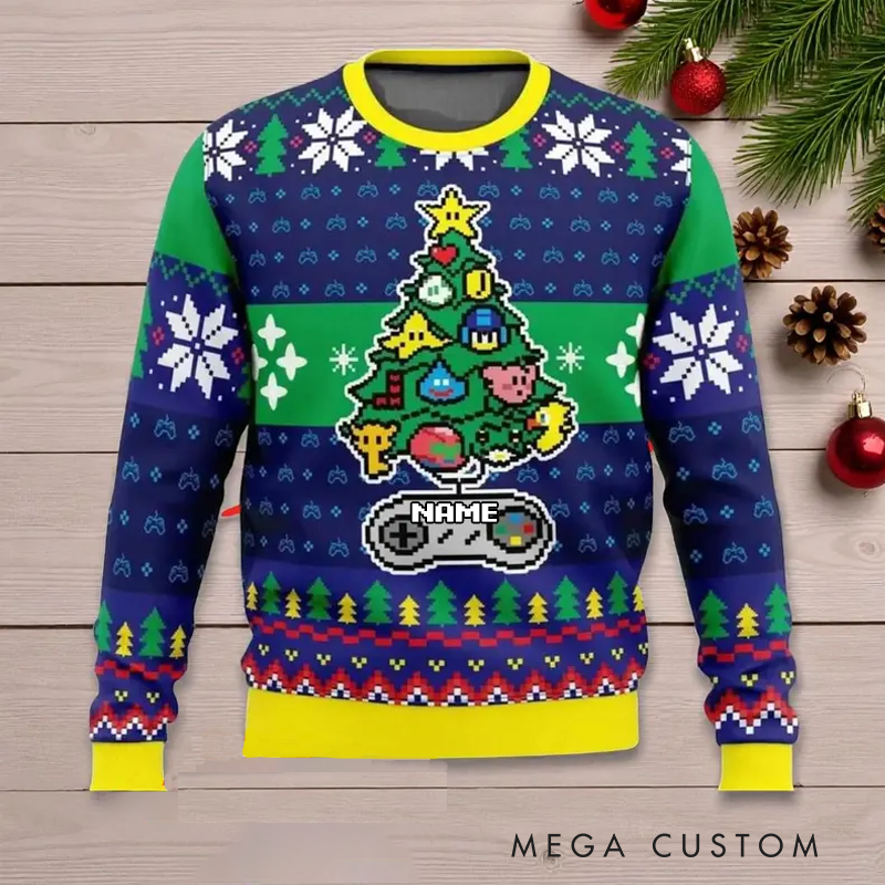 Personalized Retro Gamer Ugly Christmas Sweater Pixel-Art Console Controller Xmas Tree Jumper Xmas Gift for Game Geek Lover