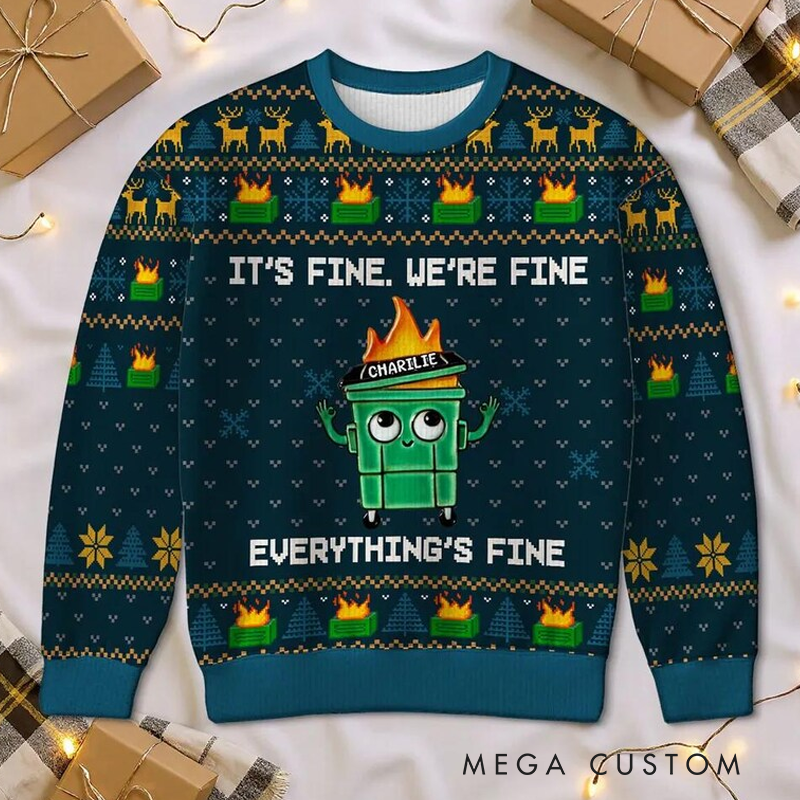 Personalized I'm Fine Everything Is Fine Dumpster Fire Funny Office Staff Ugly Christmas Sweater Holiday Jumper Funny Xmas Party Top for Geek Lover