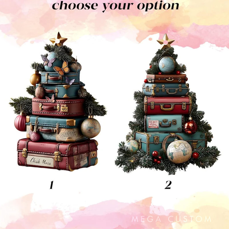 Personalized Travel Suitcase Ornament Acrylic Or Wood Christmas Tree Decor Wanderlust Luggage Stack Gifts for Travel Lovers 