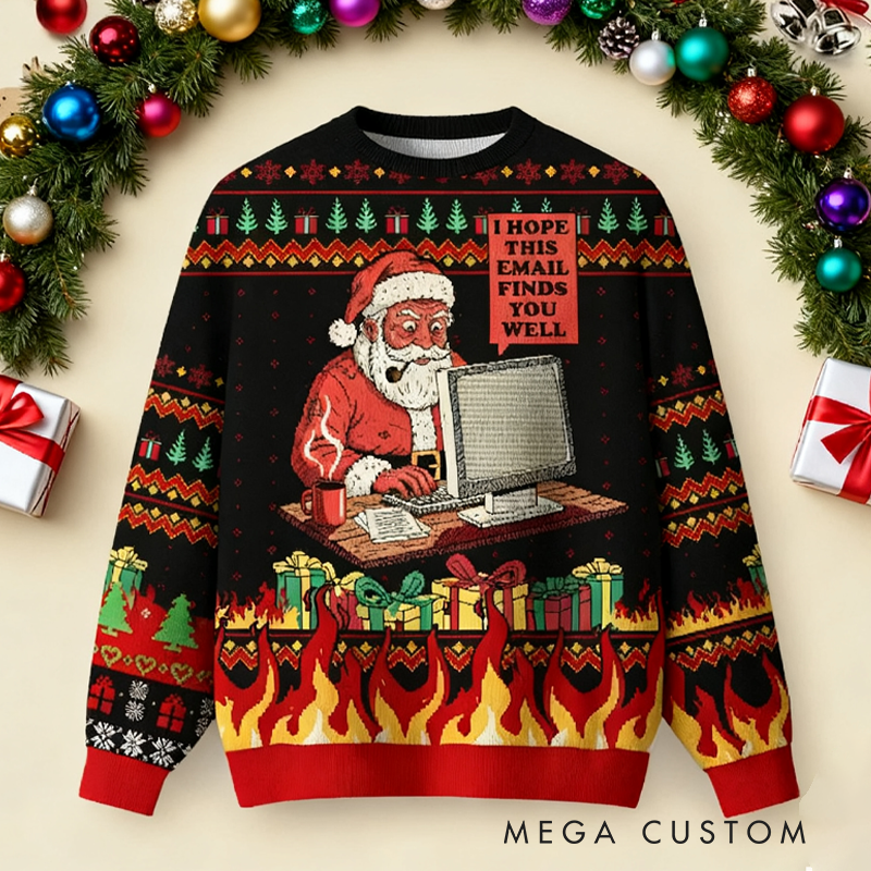 Personalized Funny Office Ugly Christmas Sweater Santa at Computer Meme Sweater Work Humor Jumper Christmas Gift for Geek