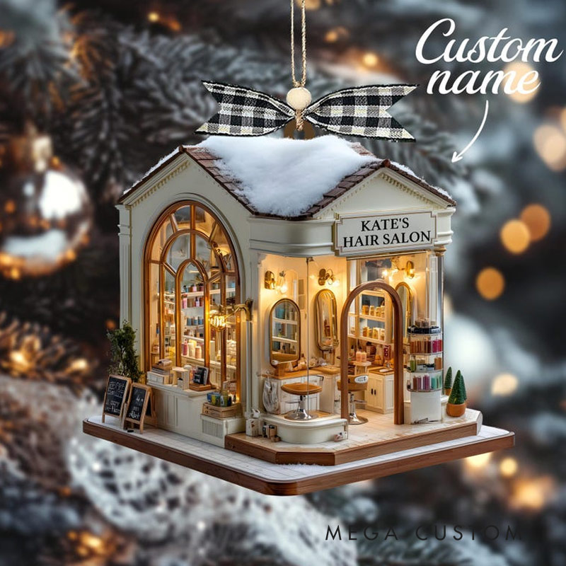 Personalized Hair Salon Stylist Shop with Snowy Roof & Lights Custom Name Year Gift for Her for Him