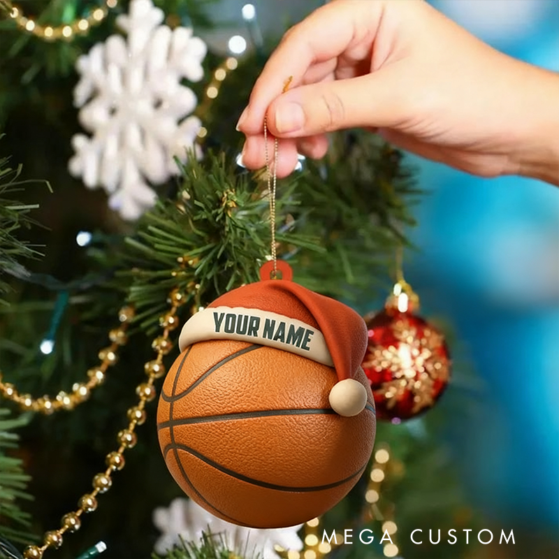 Personalized Basketball Christmas Ornament with Custom Name and Santa Hat Design