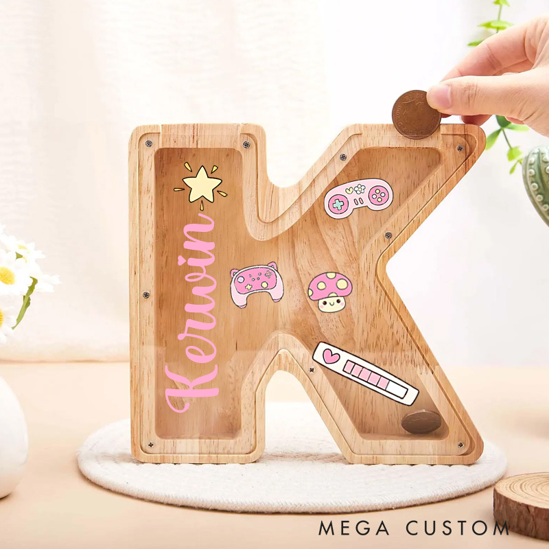 Personalized Large Wooden Kids Letter Piggy Ban Custom Initial Wood Coin Bank Alphabet Letter Bank Money Box Gift for Kids Game Lover