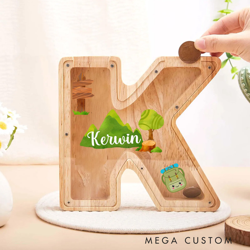 Personalized Large Wooden Kids Letter Piggy Ban Custom Initial Wood Coin Bank Alphabet Letter Bank Money Box Gift for Kids Outdoors Adventure Lover