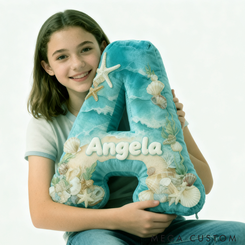 Personalized Seaglass Style Initial Pillow Custom Ocean Style Letter Pillow 3D Graphic Print Home Decor Throw Pillow for Girl Friend Beach Keepsake Pillow