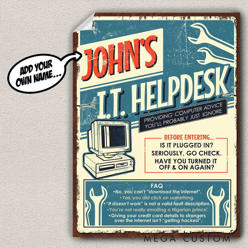 Personalised T Helpdesk Retro Tech Support Funny Poster Computer Programmer Lover Wall Art Gift for Geek Nerd