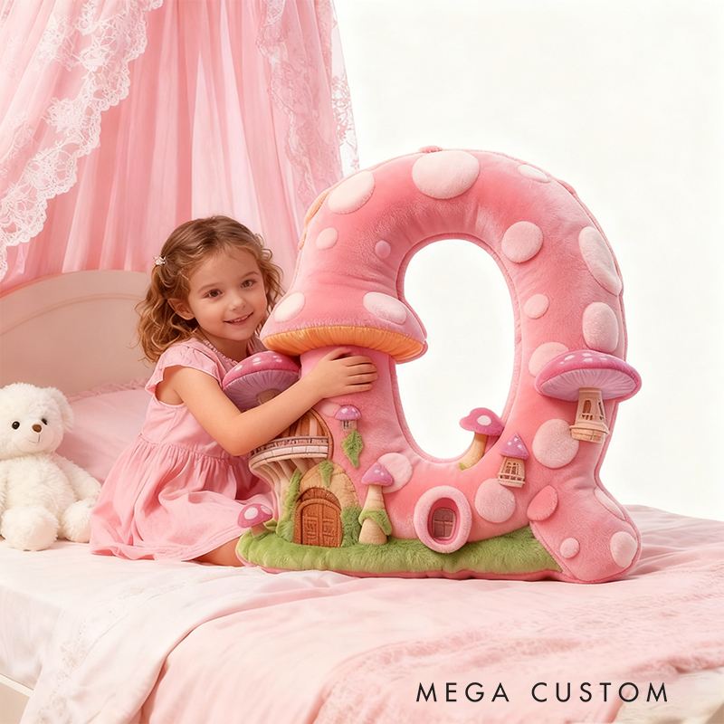 Personalized Letter Pillow with Mushroom House Design Pink Fairy Tale Theme Enchanted Tower and Magical Decorative Touch Graphic 3D Print Pillow