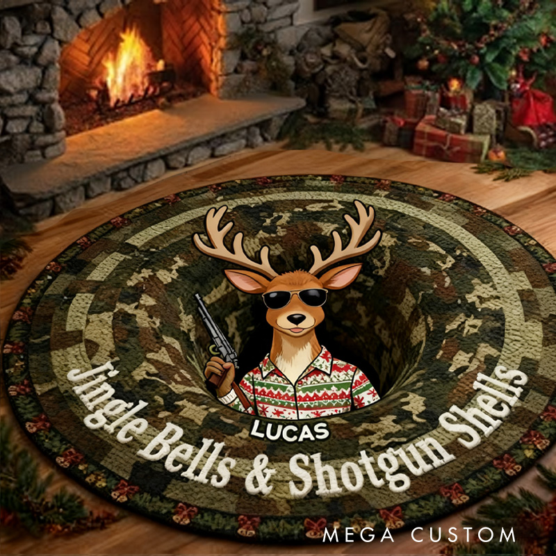 Personalized Christmas Gifts for Deer Hunter Round Mat Jingle Bells & Shotgun Shells Rug Gift for Hunting Lover