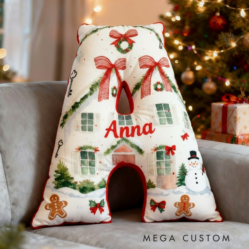 Personalized Initial Pillow Custom Name Christmas House Pillow Holiday Gift Cozy Home Soft Cushion Gift for Kids Family Housewarming Gift