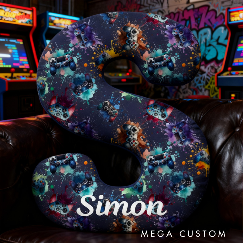Personalized Video Game Controller Pillow Watercolor Alphabet Game Pillow Gift for Kid Game Lover