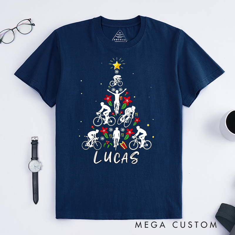 Personalized Classic T-shirt Christmas Tree Bicycle Bike Love Xmas Gift T shirt Funny Bicycle Christmas Sweatshirt Bike Riding Lover Gift Christmas Cyclist Shirt for Riding Lovers
