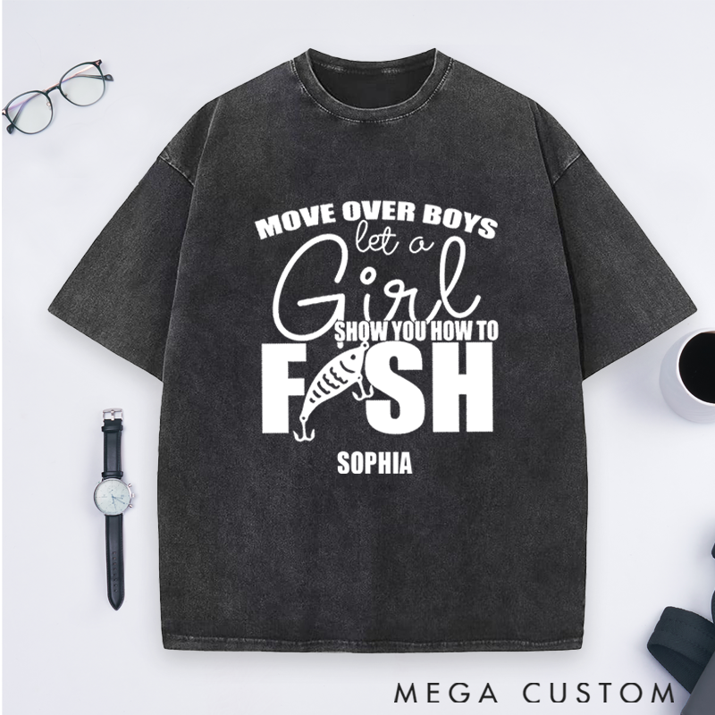 Personalized Fishing Custom Name T-Shirt Funny Move Over Boys Sweatshirt Soft Cotton Perfect Gift for Female Fishing Enthusiasts