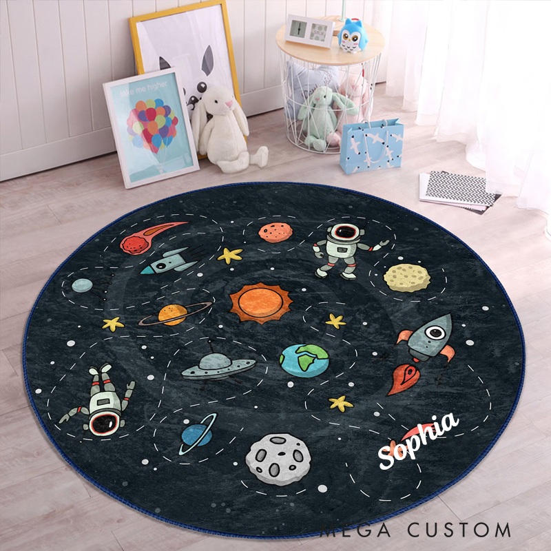 Personalized Space Themed Cute Kid's Rug Adventurous Astronaut Childen's Mat Kids Room Decor