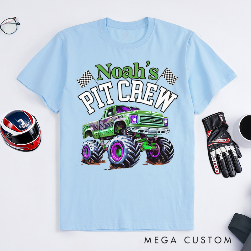 Personalized Monster Truck Pit Crew T‑Shirt Custom Name Classic Racing Tee Family Matching Shirt Car Lover Gift