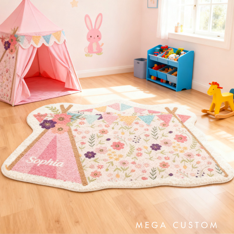 Personalized Kids Camping Rug Doormat Custom Floral Teepee Rug Children's Bedroom Rug Gifts for Kid