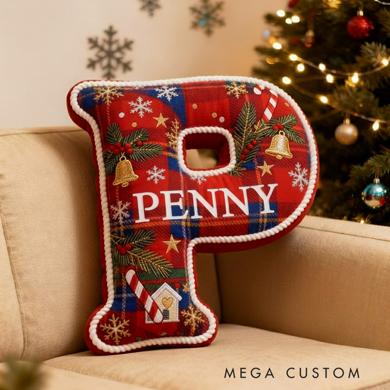 Personalized Christmas Initial Pillow Graphic 3D Print Custom Name Pillow Festive Holiday Decor Cozy Home Accent Soft Cushion Gift for Family 
