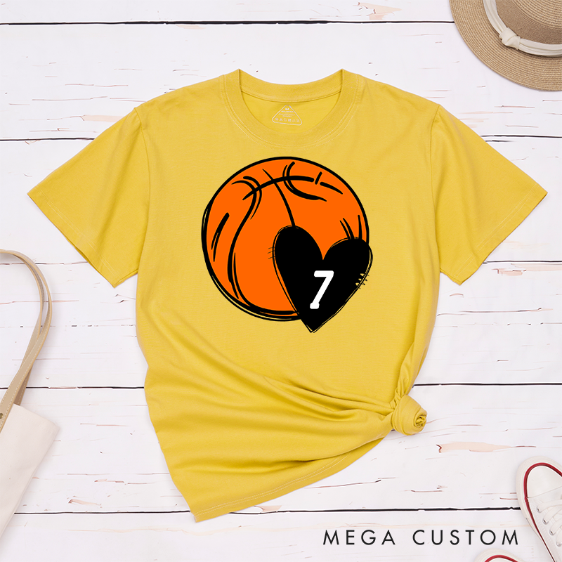 Personalized Basketball T-Shirt with Heart and Custom Jersey Number Design Perfect for Basketball Fans and Players