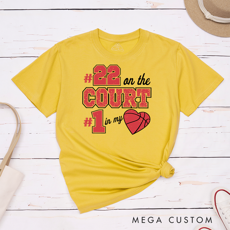 Personalized Basketball Fan T Shirt with Custom Jersey Number and Heartfelt On the Court In My Heart Design