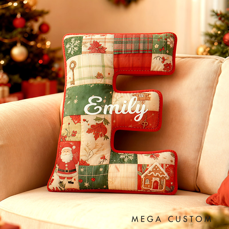 Personalized Initial Pillow Graphic 3D Print Christmas Patchwork Letters Custom Name Pillow Festive Holiday Decor Housewarming Gift for Family and Kids