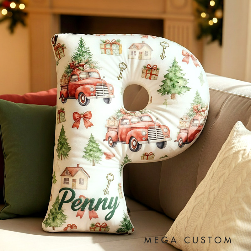 Personalized Christmas Initial Pillow Graphic 3D Print Christmas Truck Custom Name Pillow Festive Holiday Pillow Housewarming Gift Family Gift 