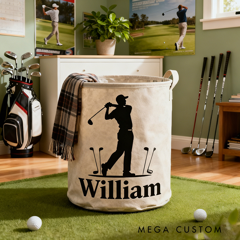 Personalized Golf Storage Basket with Custom Name  and Golfer Silhouette for Enthusiasts
