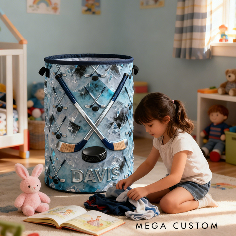 Personalized Ice Hockey Storage Basket with Custom Name and Crossed Sticks Design for Fans and Athletes