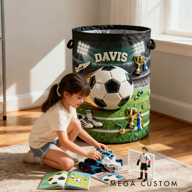 Personalized Soccer Storage Basket with Custom Name and Trophy Design for Kids and Soccer Fans