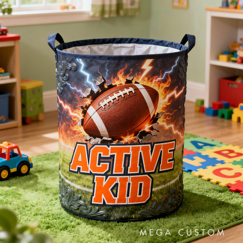 Personalized Football Storage Basket with Bold Lightning Design and Name for Young Athletes and Fans