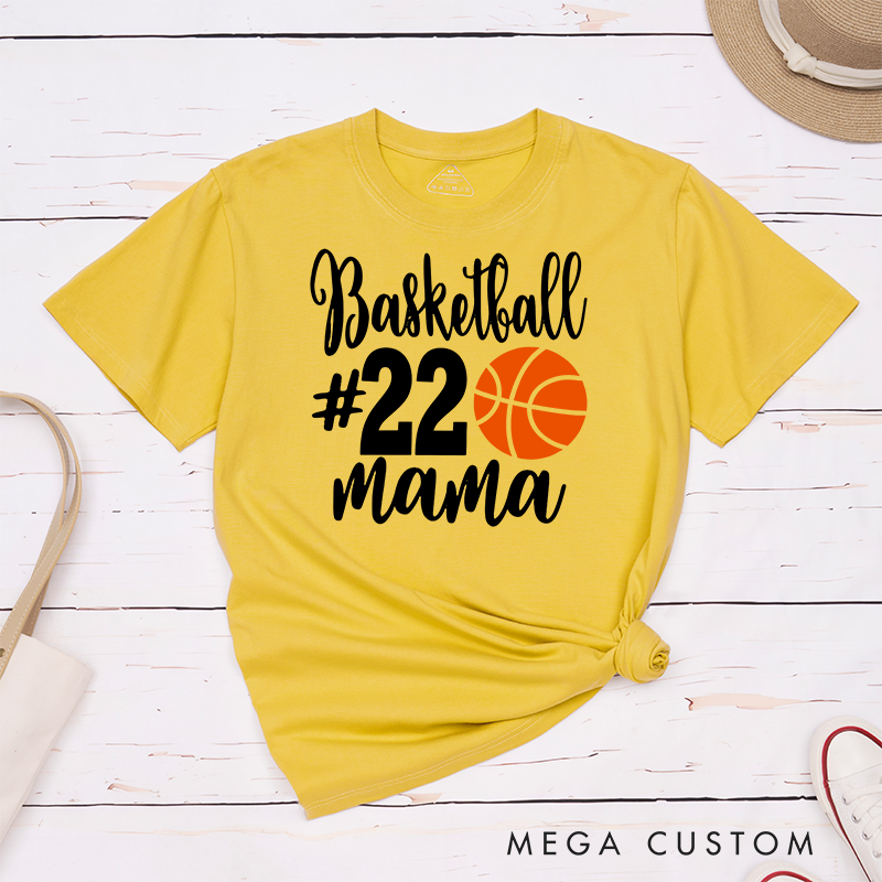 Personalized Basketball Mama T-Shirt with Custom Jersey Number Bold Basketball Graphic and Stylish Script Design for Proud Moms