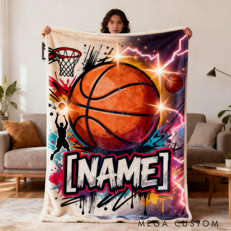 Personalized Basketball Blanket with Custom Name and Dynamic Artwork for Basketball Fans