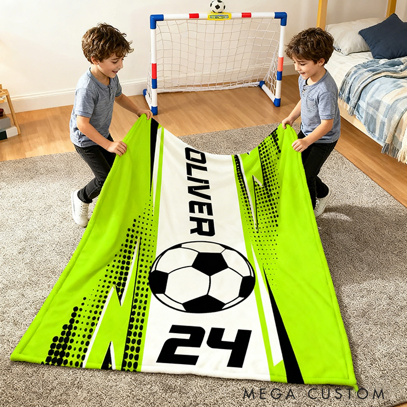 Personalized Soccer Blanket with Custom Name and Jersey Number for Soccer Fans. 