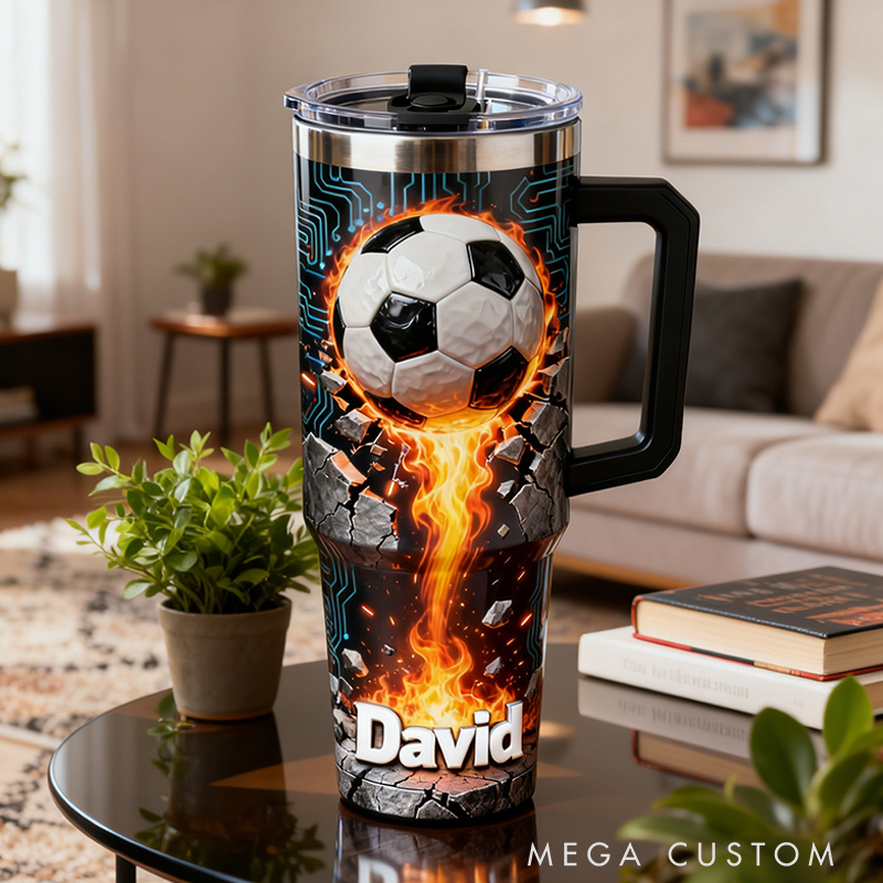 Personalized Soccer Tumbler with Custom Name and Flaming Ball Design for Fans and Athletes