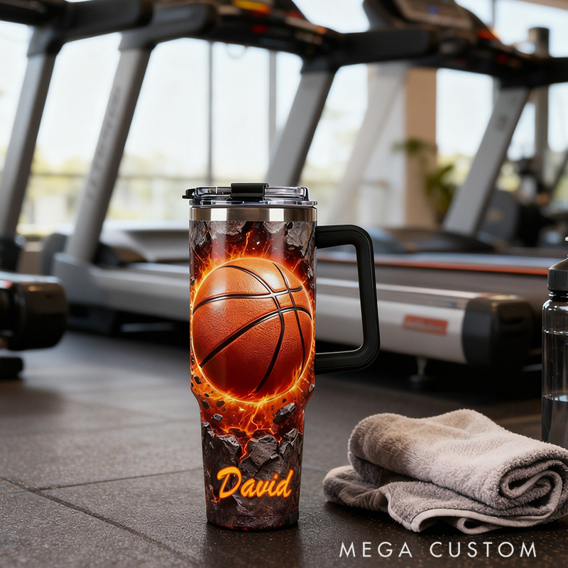 Personalized Basketball Tumbler with Custom Name and Fiery Design for Fans and Players