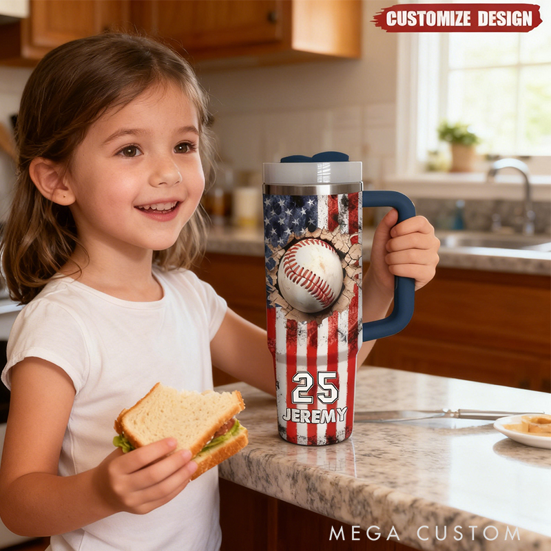 Personalized Baseball Tumbler with Custom Name, Number, and American Flag Design
