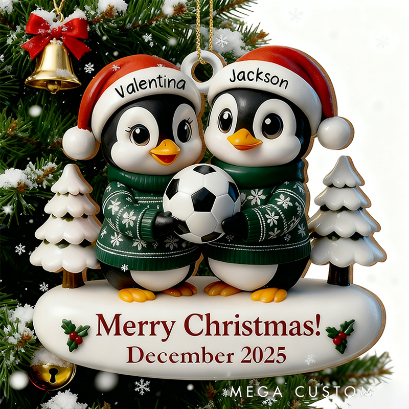 Personalized Acrylic Penguin Couple Soccer Christmas Ornament with Custom Names and Merry Christmas Message