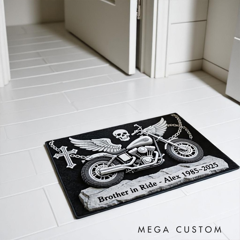 Personalized Brother in Ride Motorcycle Memorial Doormat Custom Name Dates and Text Gift for Bikers