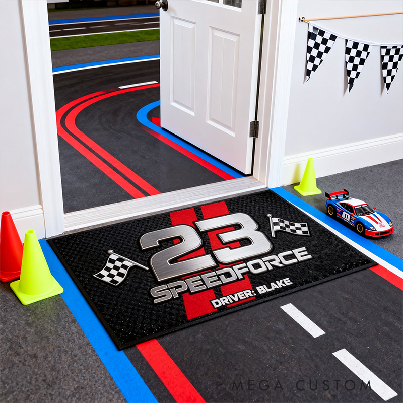Personalized Racing Door Mat Custom Name and Number Checkered Flag Design Gift for Car and Motorsport Lovers