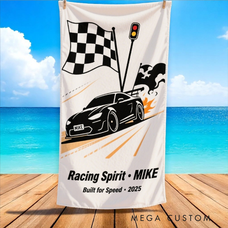 Personalized Racing Car Beach Towel Custom Name and Text Design Gift for Car and Motorsport Lovers