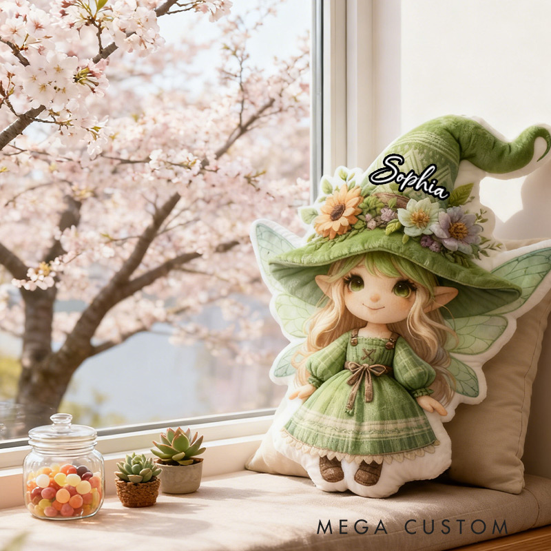 Personalized Green Fairy Pillow Garden Fae Fun Girl Pillow with Name for Kids Gardening Lovers Gift