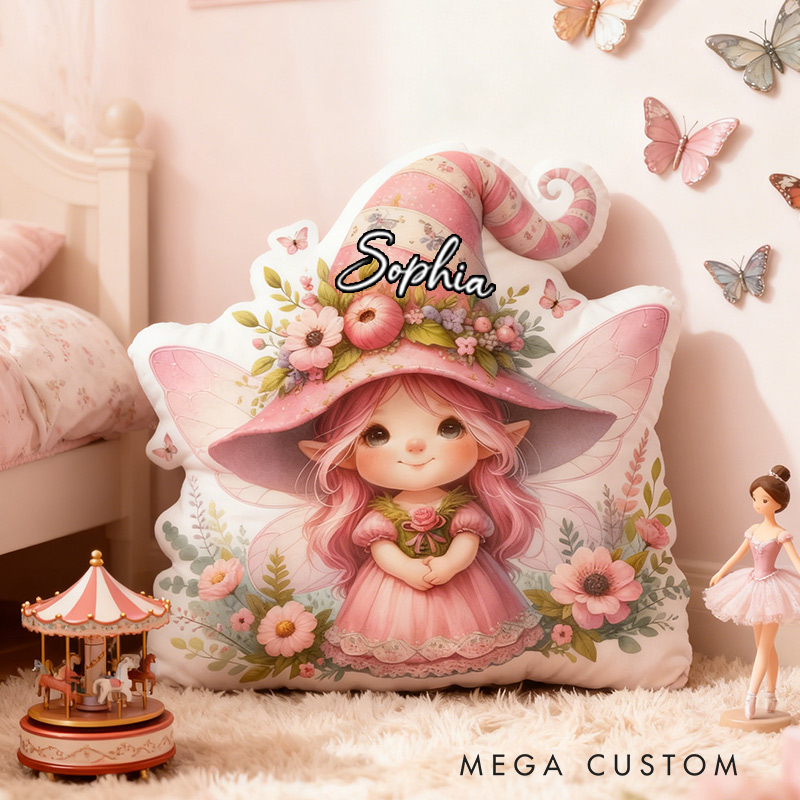 Personalized Fun Girl Pillow Pink Garden Fairy Pillow  with Name Gift for Kids Gardening Lovers Gift