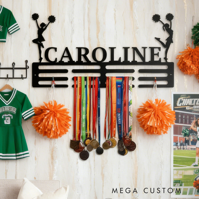 Personalized Cheerleading Medal Holder with Custom Name and Cheerleader Silhouettes Design